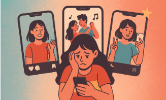 Image displaying a sad girl comparing her life to others’ on
 social media
